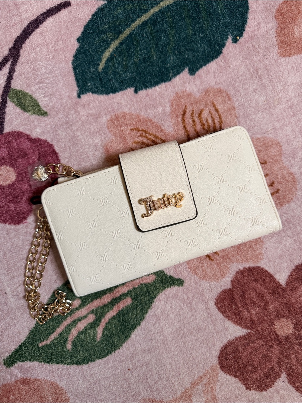 Juicy Couture Ivory Embossed Wallet Crossbody with Gold Chain